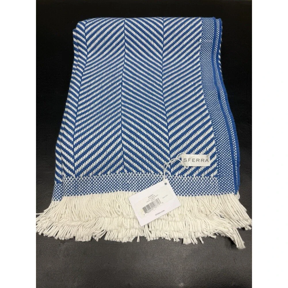 Sferra Costa Cotton Throw Blanket Ocean Blue Herringbone Weave Fringed 50x70 New
